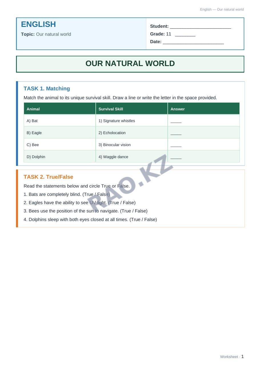Worksheet English Grade 11 Term 1: Our natural world
