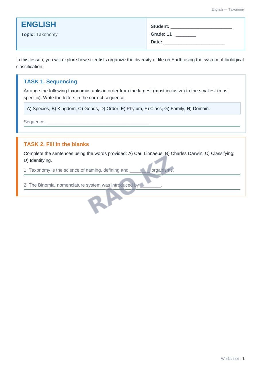Worksheet English Grade 11 Term 1: Taxonomy