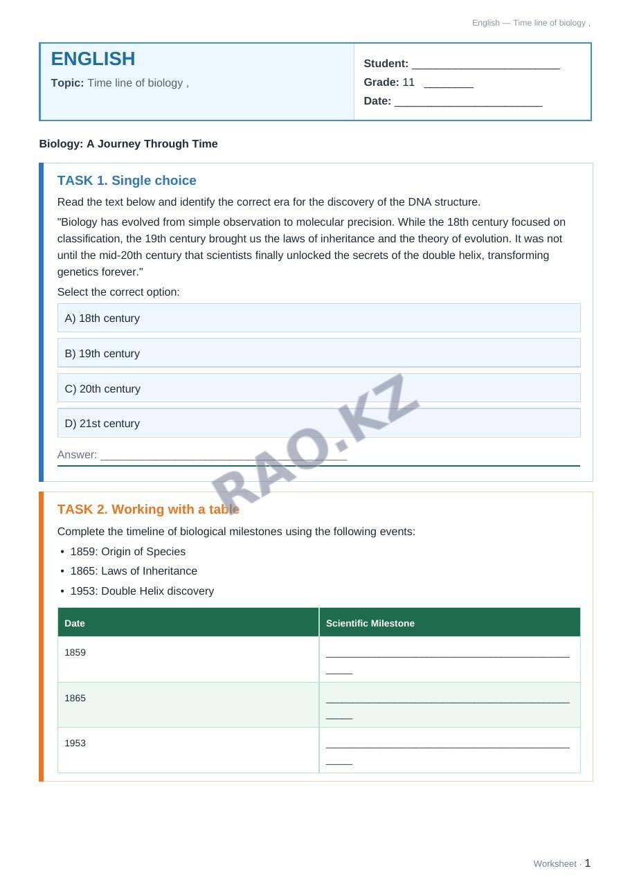 Worksheet English Grade 11 Term 1: Time line of biology ,