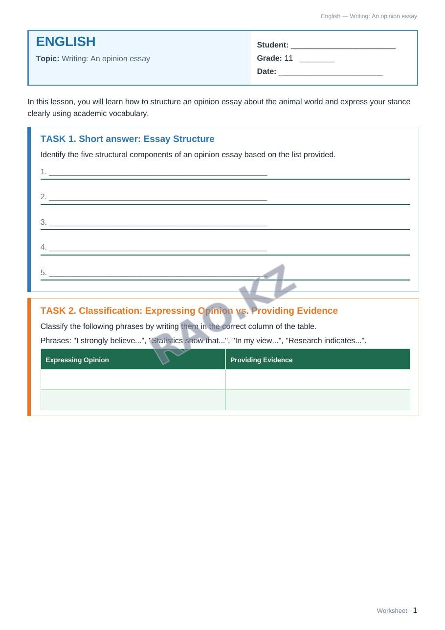 Worksheet English Grade 11 Term 1: Writing: An opinion essay