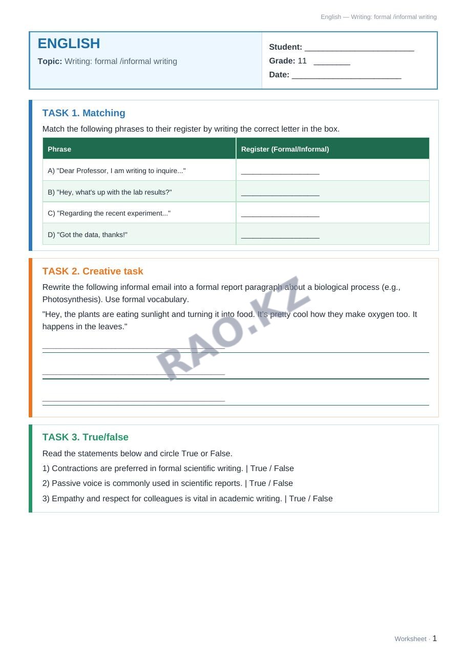 Worksheet English Grade 11 Term 1: Writing: formal /informal writing