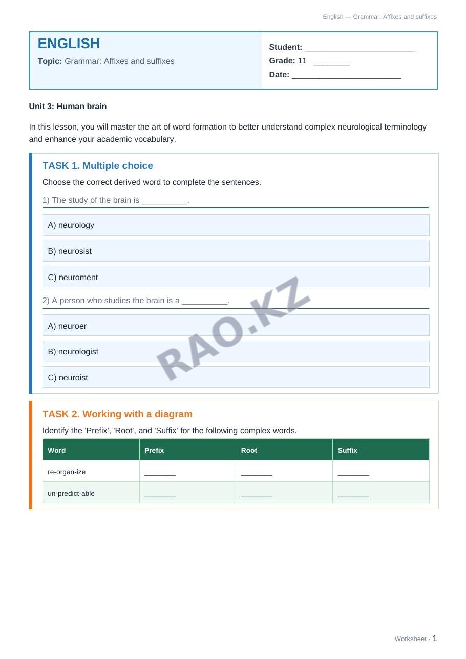 Worksheet English Grade 11 Term 2: Grammar: Affixes and suffixes