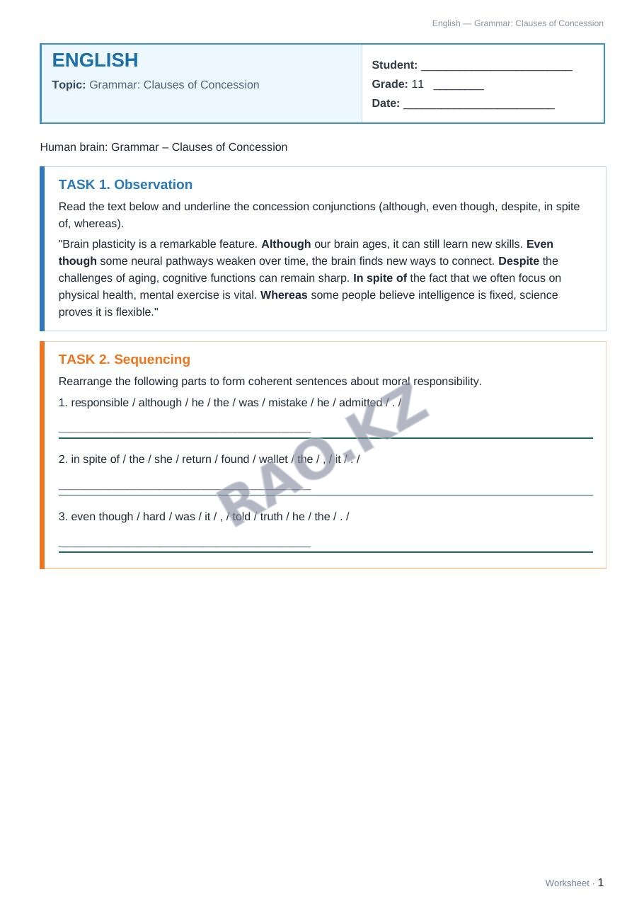 Worksheet English Grade 11 Term 2: Grammar: Clauses of Concession