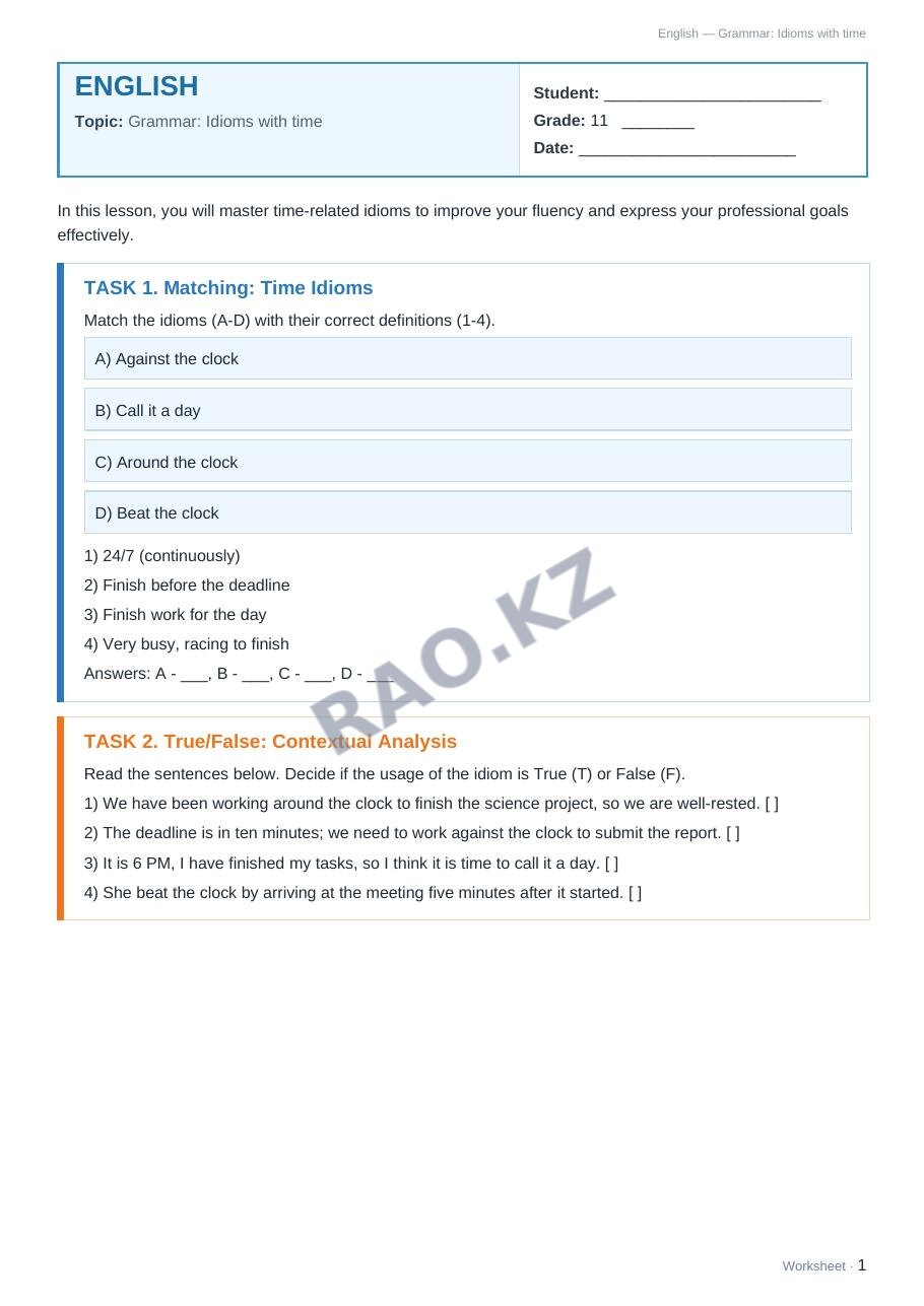 Worksheet English Grade 11 Term 2: Grammar: Idioms with time