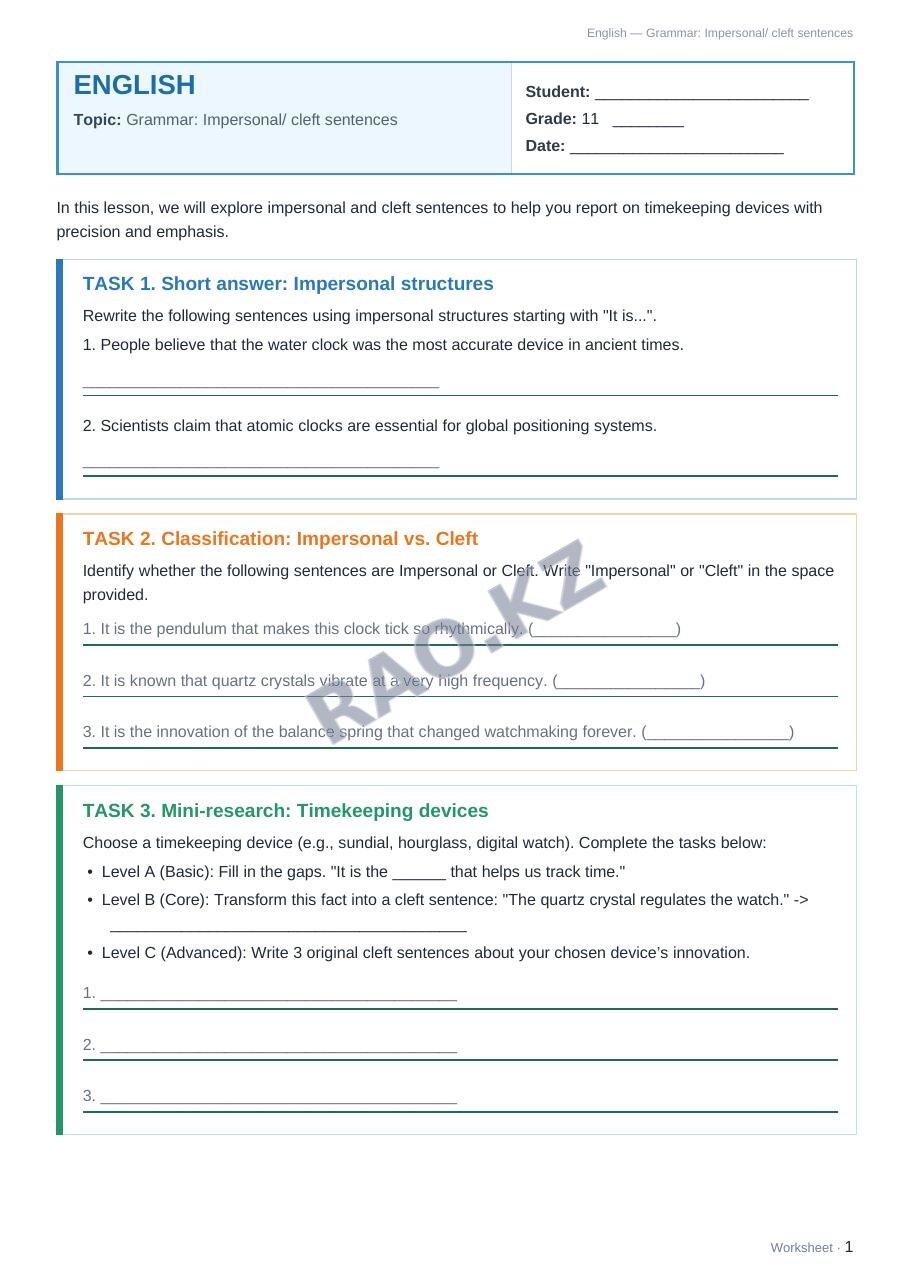 Worksheet English Grade 11 Term 2: Grammar: Impersonal/ cleft sentences