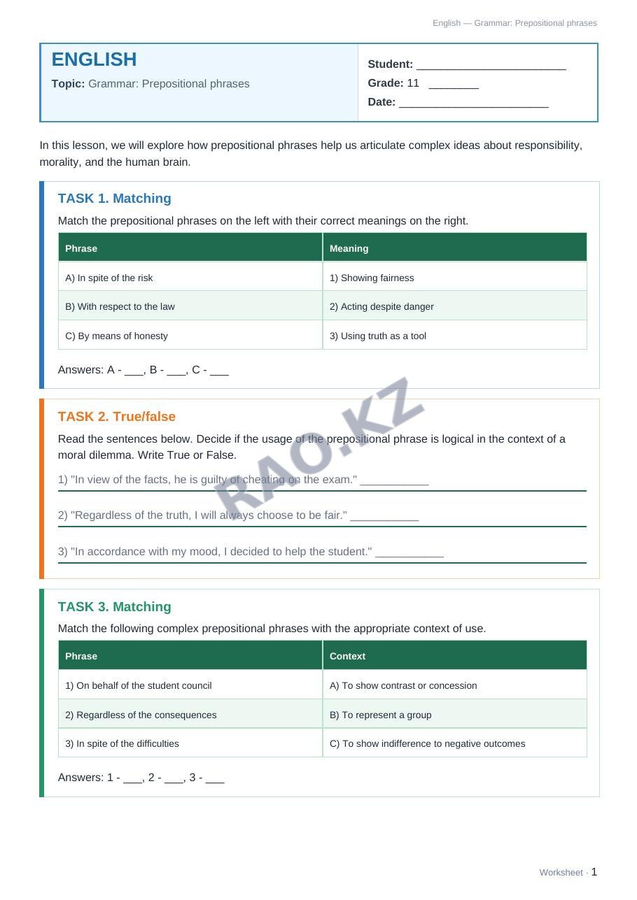 Worksheet English Grade 11 Term 2: Grammar: Prepositional phrases