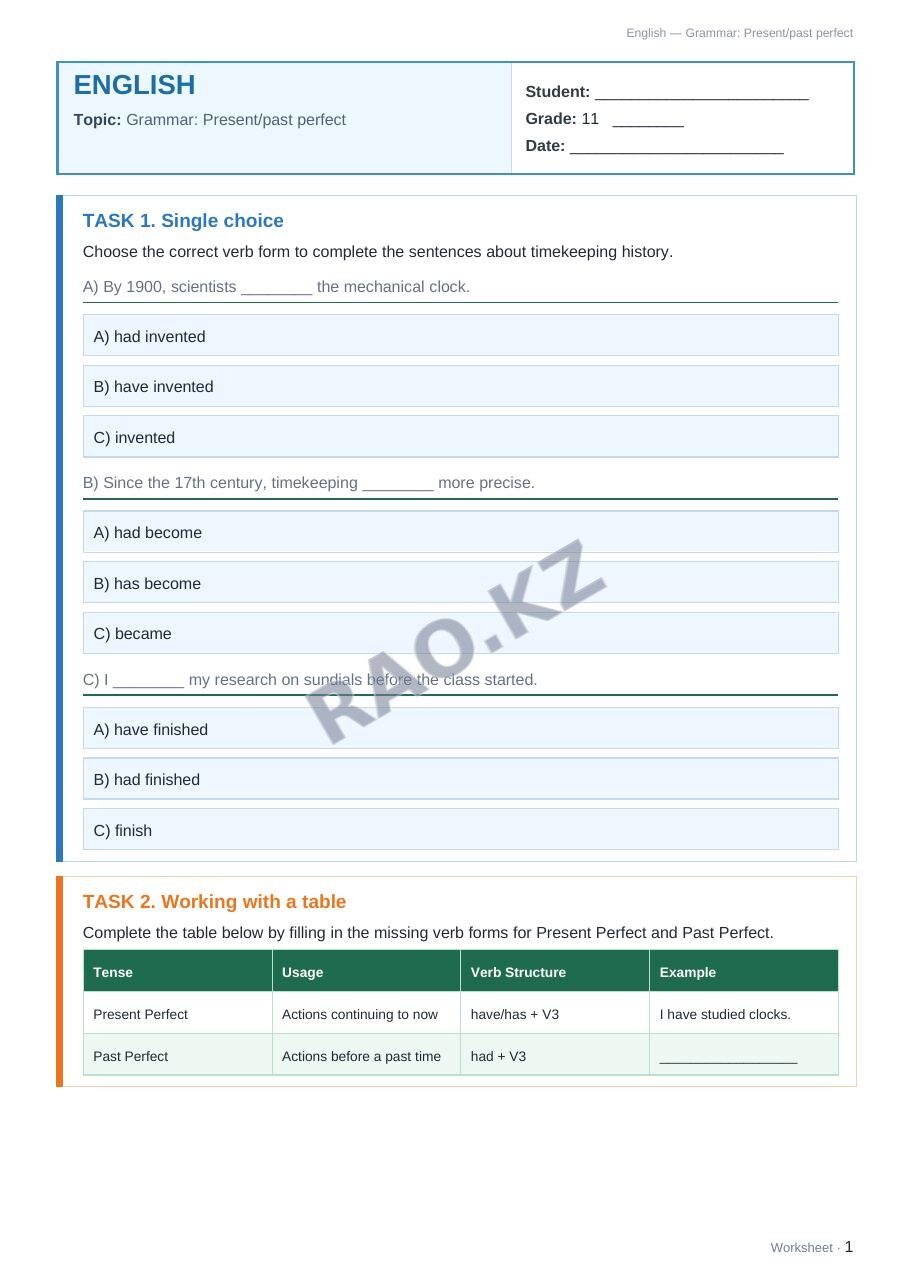 Worksheet English Grade 11 Term 2: Grammar: Present/past perfect