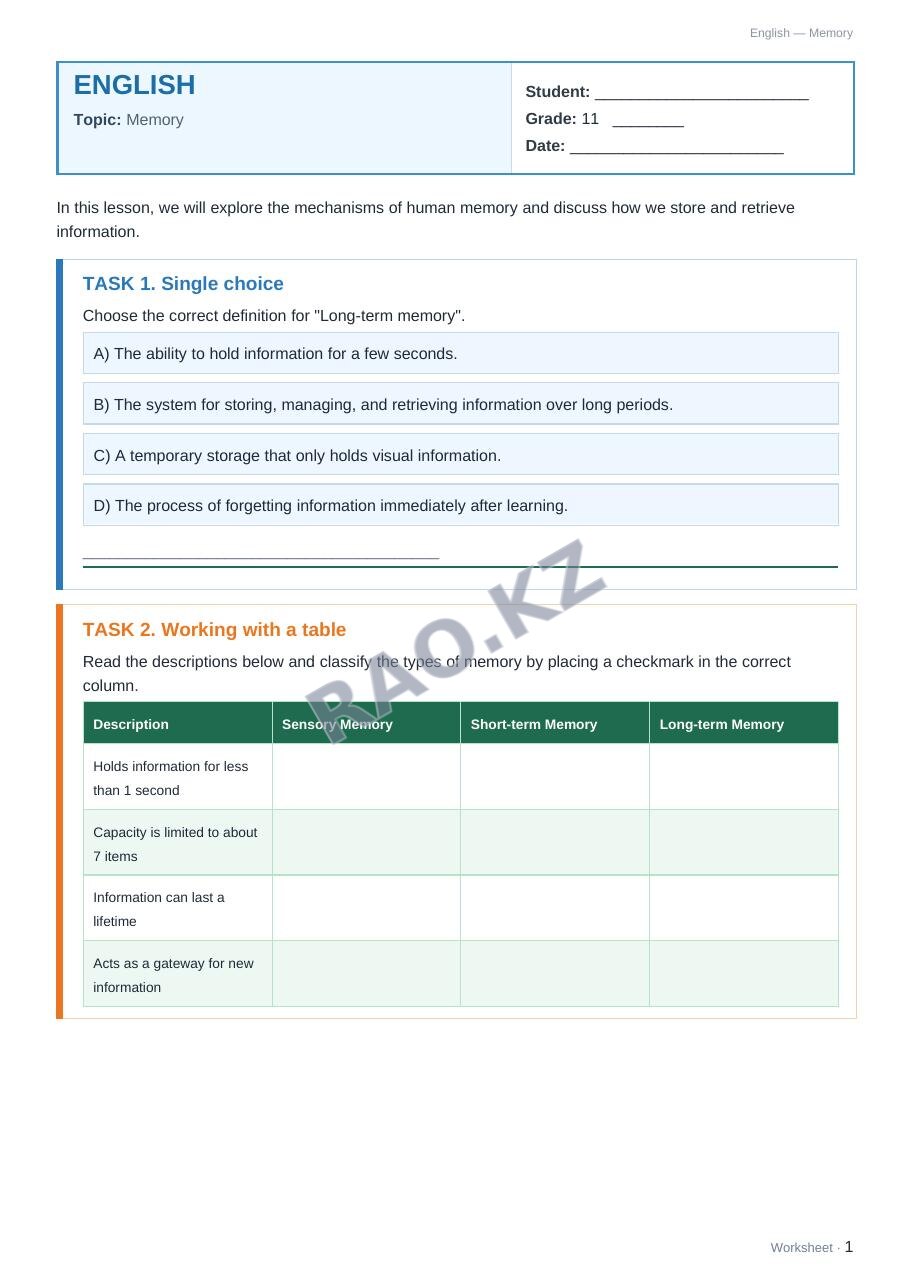 Worksheet English Grade 11 Term 2: Memory