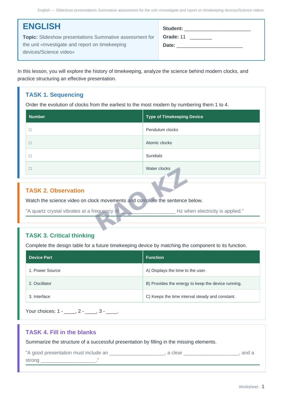 Worksheet English Grade 11 Term 2: Slideshow presentations Summative assessment for the unit «Investigate and report on timekeeping devices/Science video»