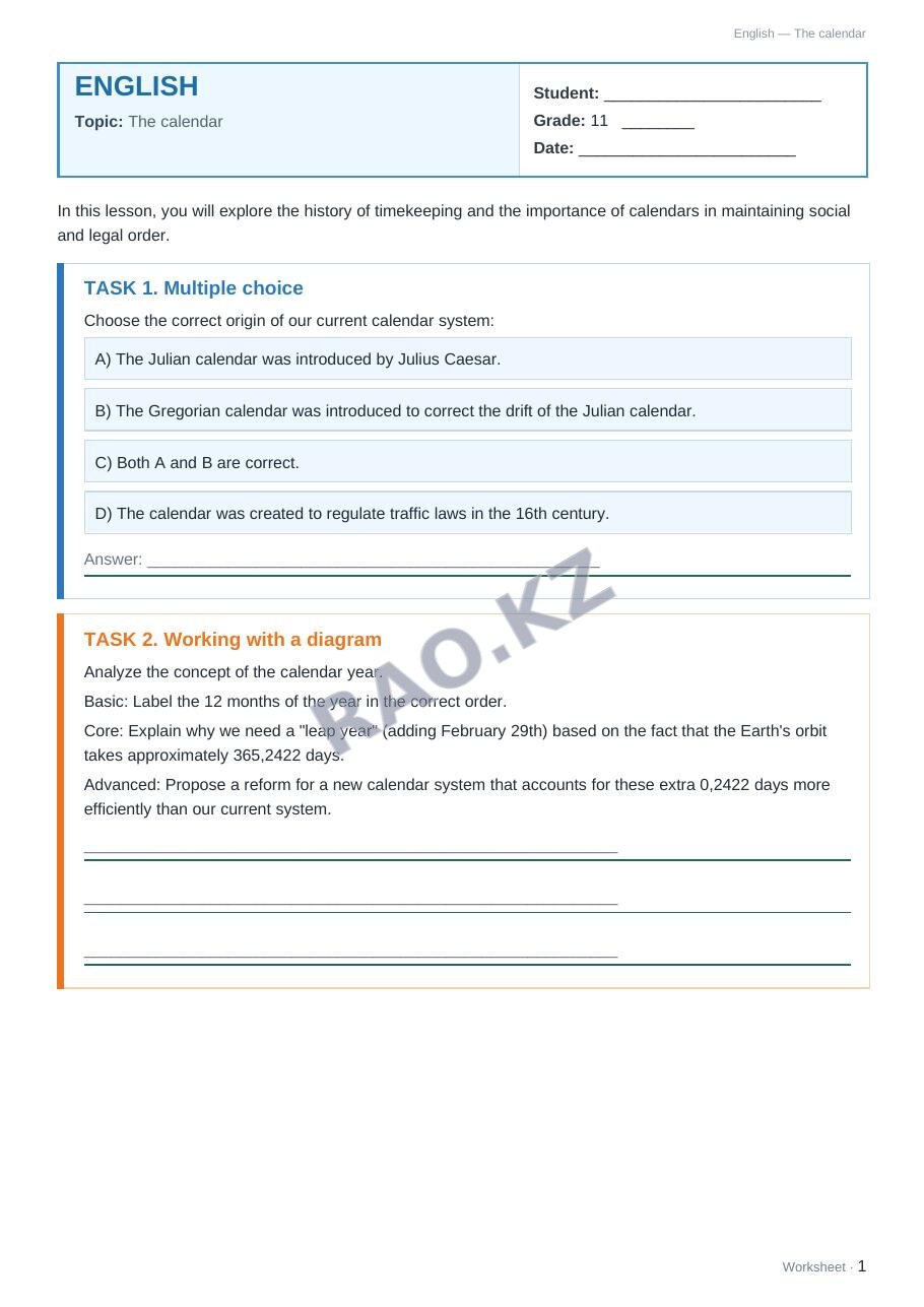 Worksheet English Grade 11 Term 2: The calendar