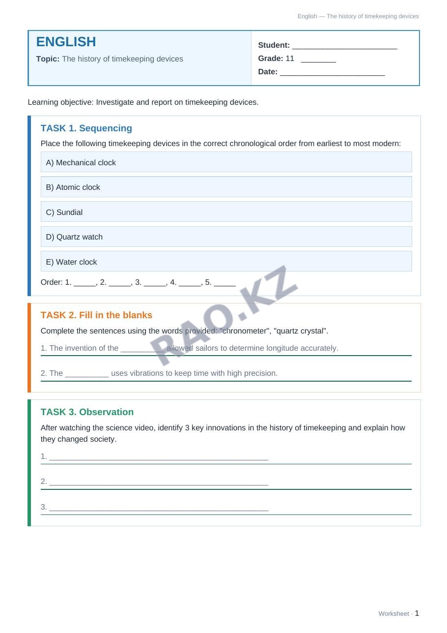 Worksheet English Grade 11 Term 2: The history of timekeeping devices