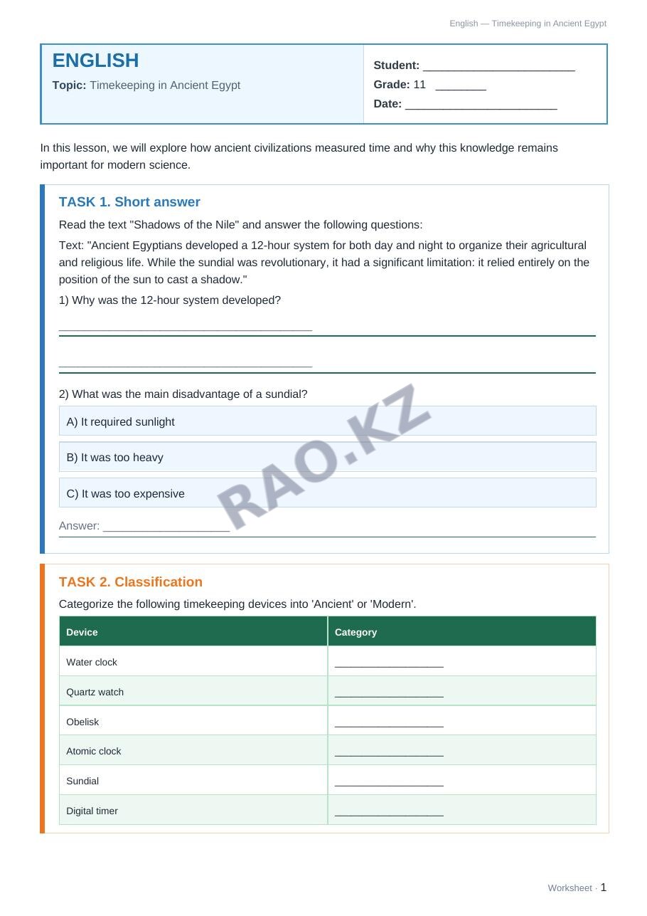 Worksheet English Grade 11 Term 2: Timekeeping in Ancient Egypt