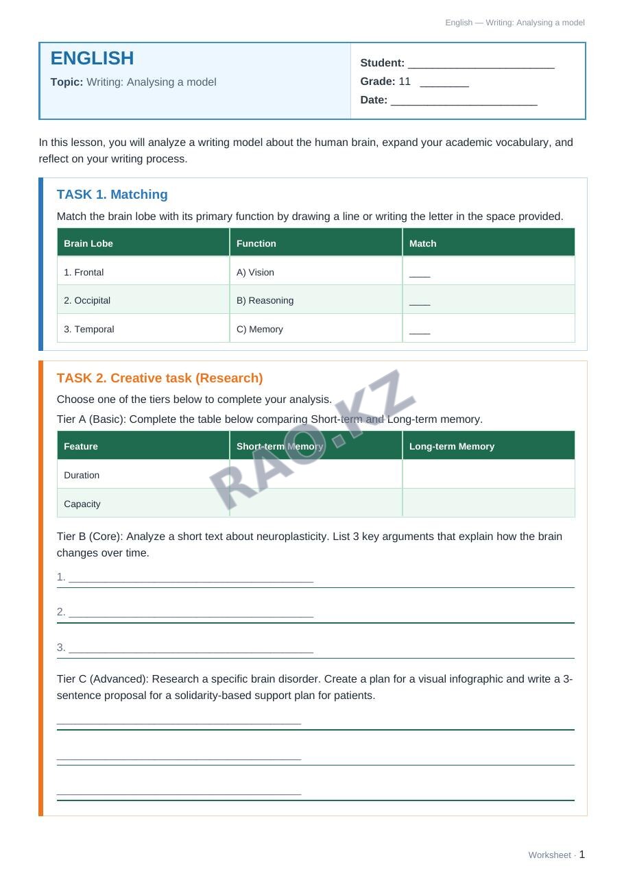Worksheet English Grade 11 Term 2: Writing: Analysing a model