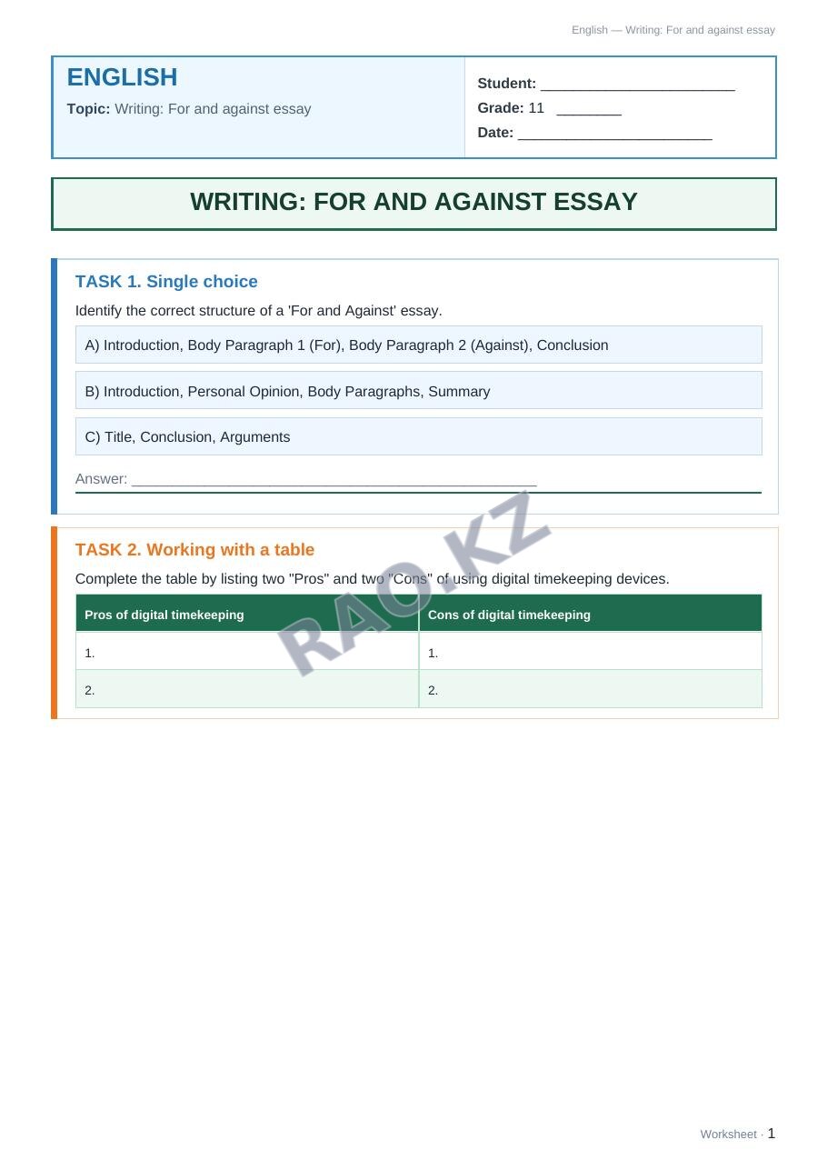 Worksheet English Grade 11 Term 2: Writing: For and against essay