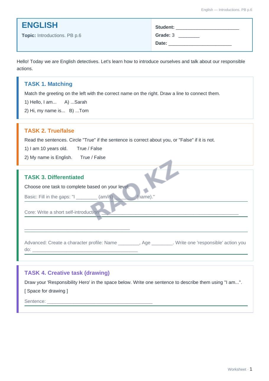 Worksheet English Grade 3 Term 1: Introductions. PB p.6