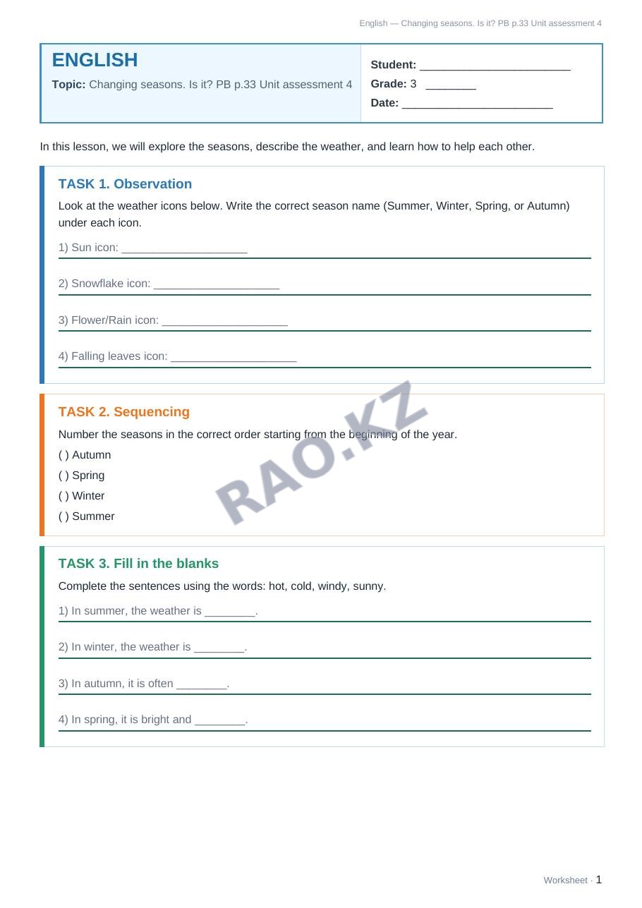 Worksheet English Grade 3 Term 2: Changing seasons. Is it? PB p.33 Unit assessment 4