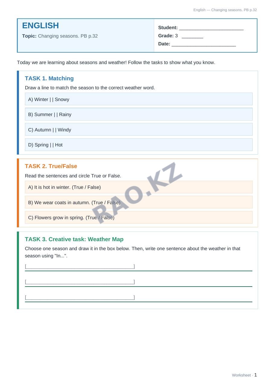 Worksheet English Grade 3 Term 2: Changing seasons. PB p.32