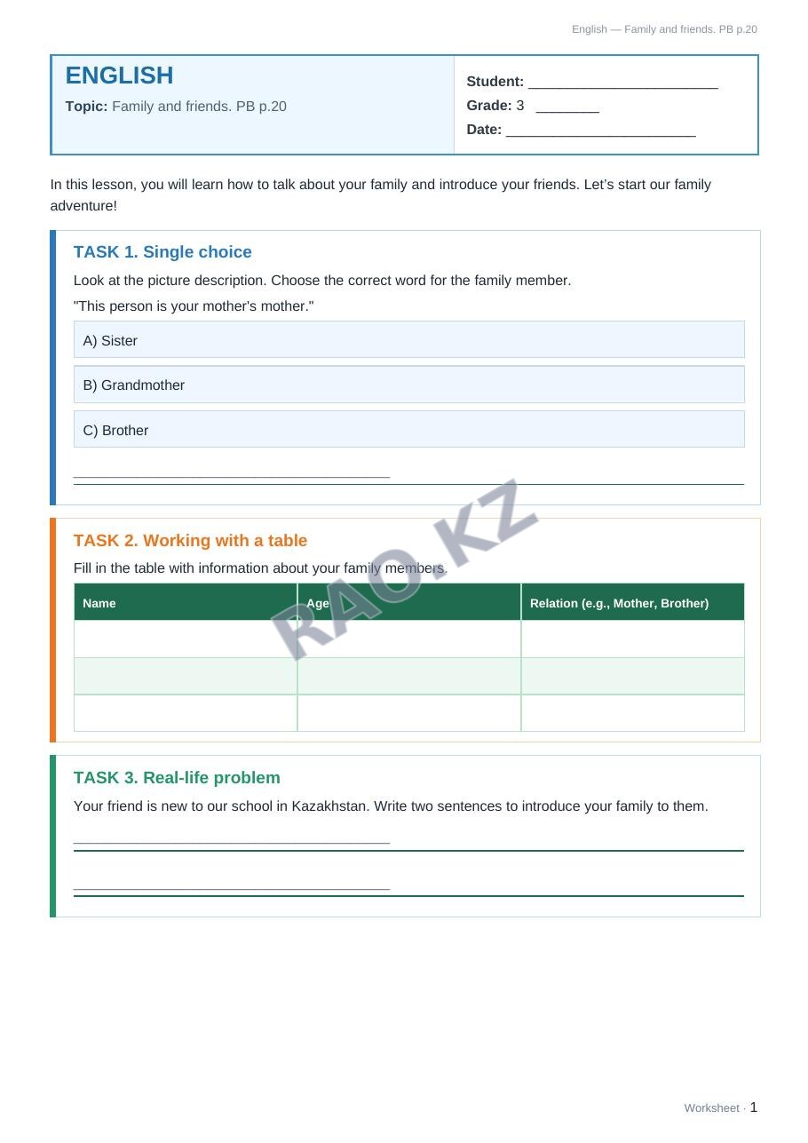 Worksheet English Grade 3 Term 2: Family and friends. PB p.20