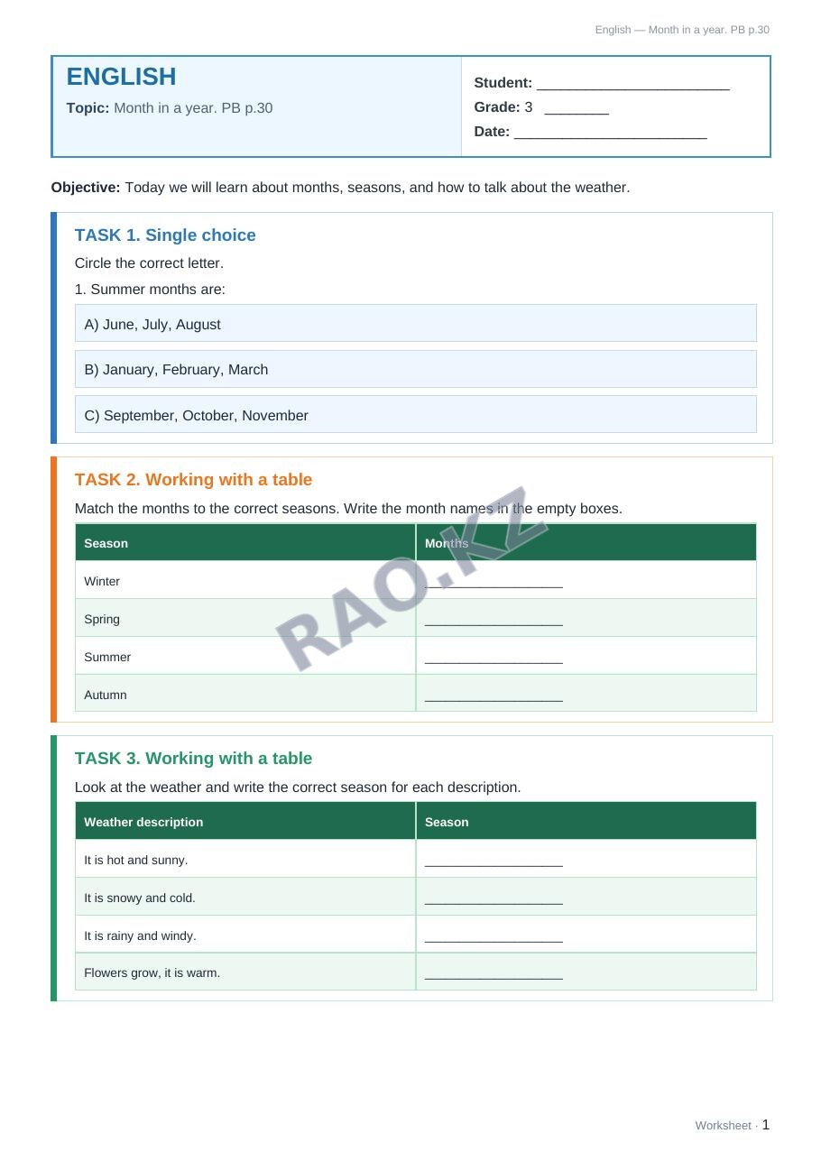 Worksheet English Grade 3 Term 2: Month in a year. PB p.30