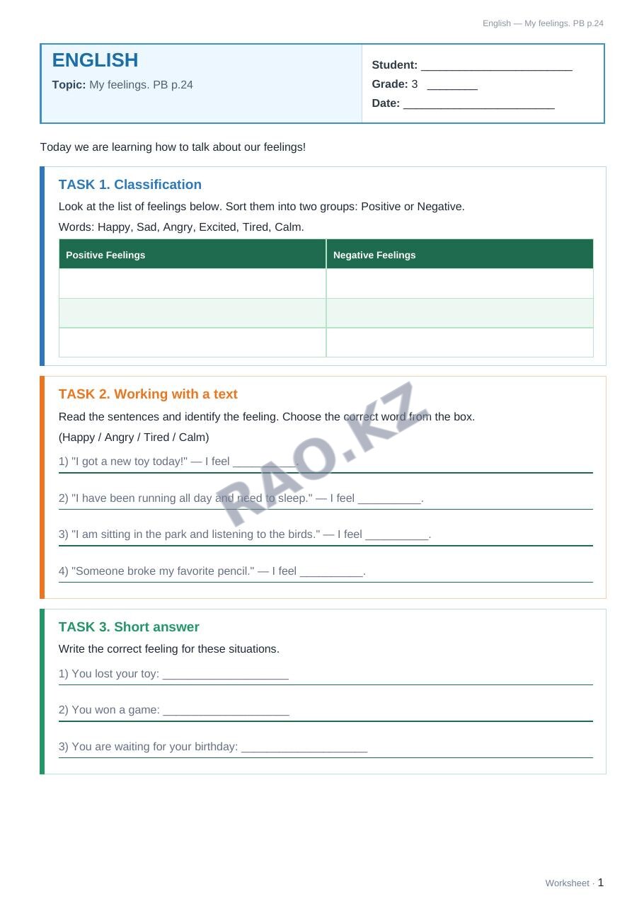 Worksheet English Grade 3 Term 2: My feelings. PB p.24