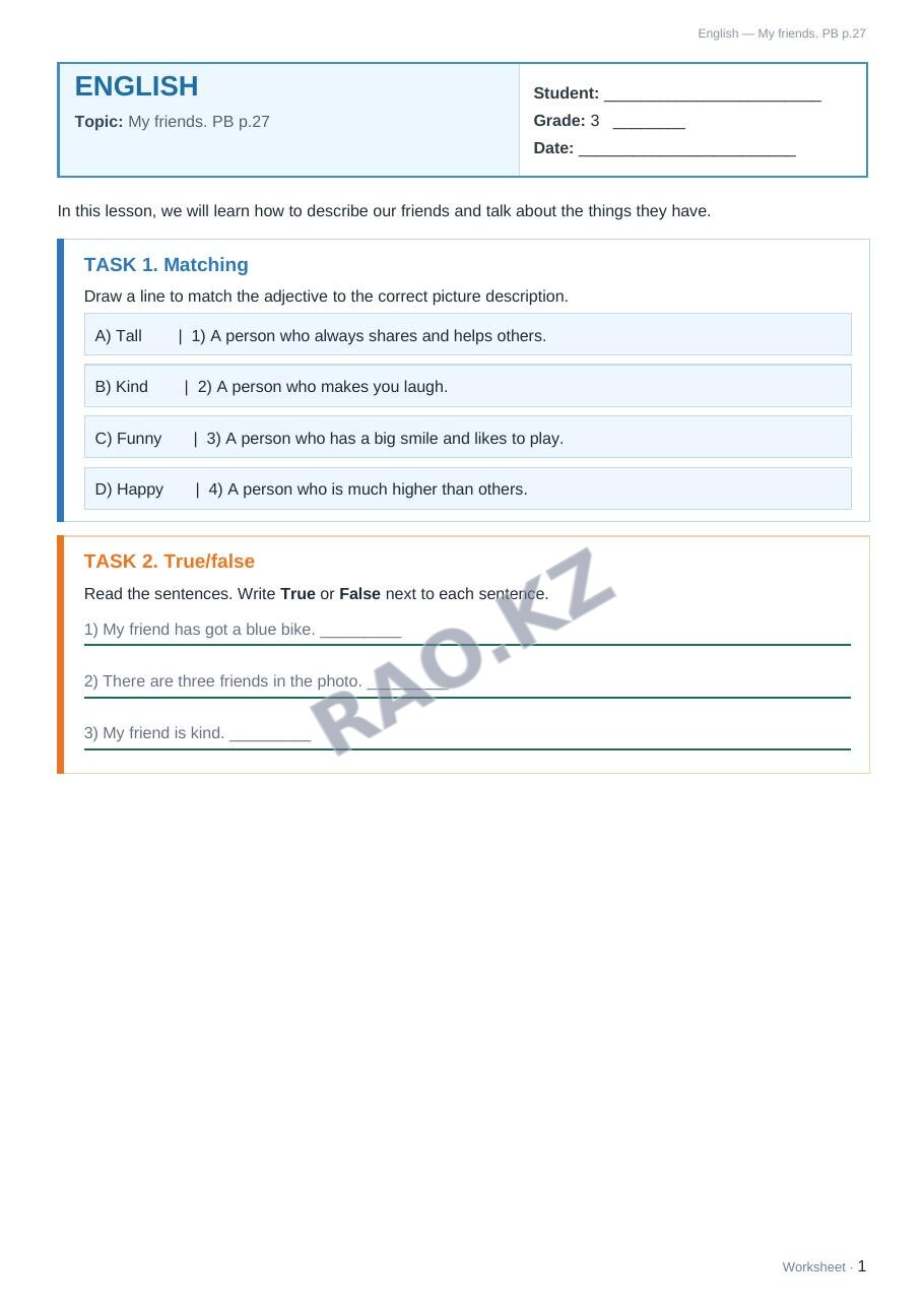 Worksheet English Grade 3 Term 2: My friends. PB p.27