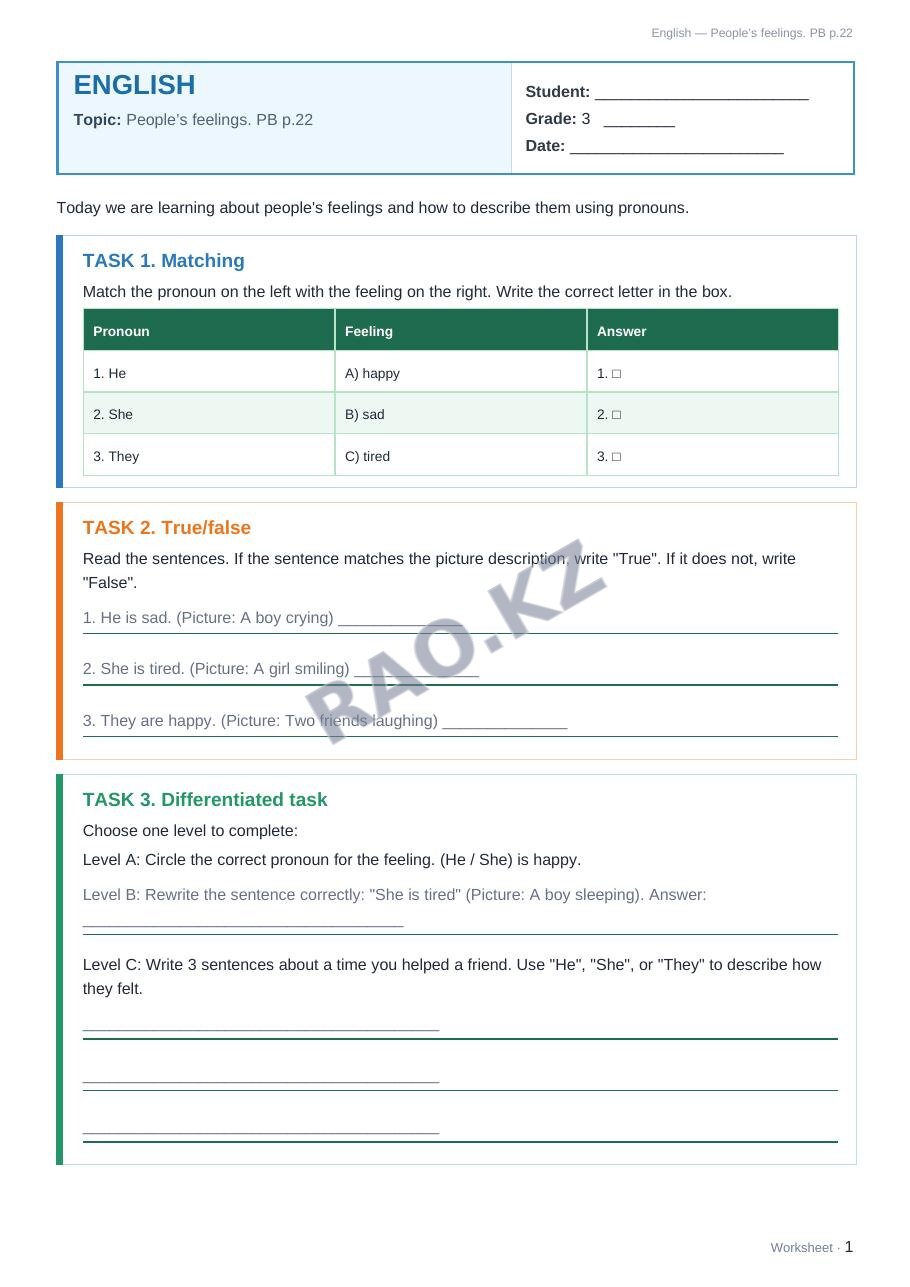 Worksheet English Grade 3 Term 2: People’s feelings. PB p.22