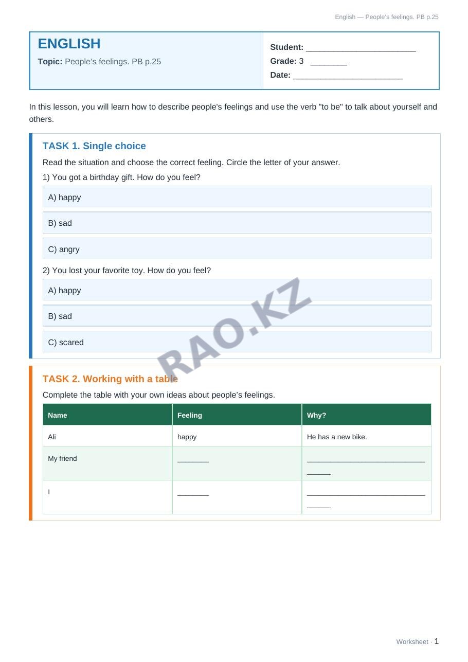Worksheet English Grade 3 Term 2: People’s feelings. PB p.25