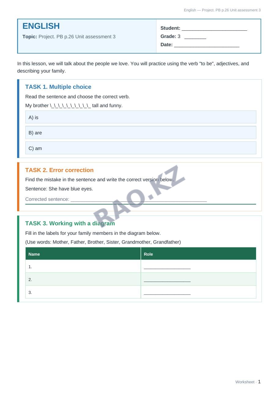Worksheet English Grade 3 Term 2: Project. PB p.26 Unit assessment 3