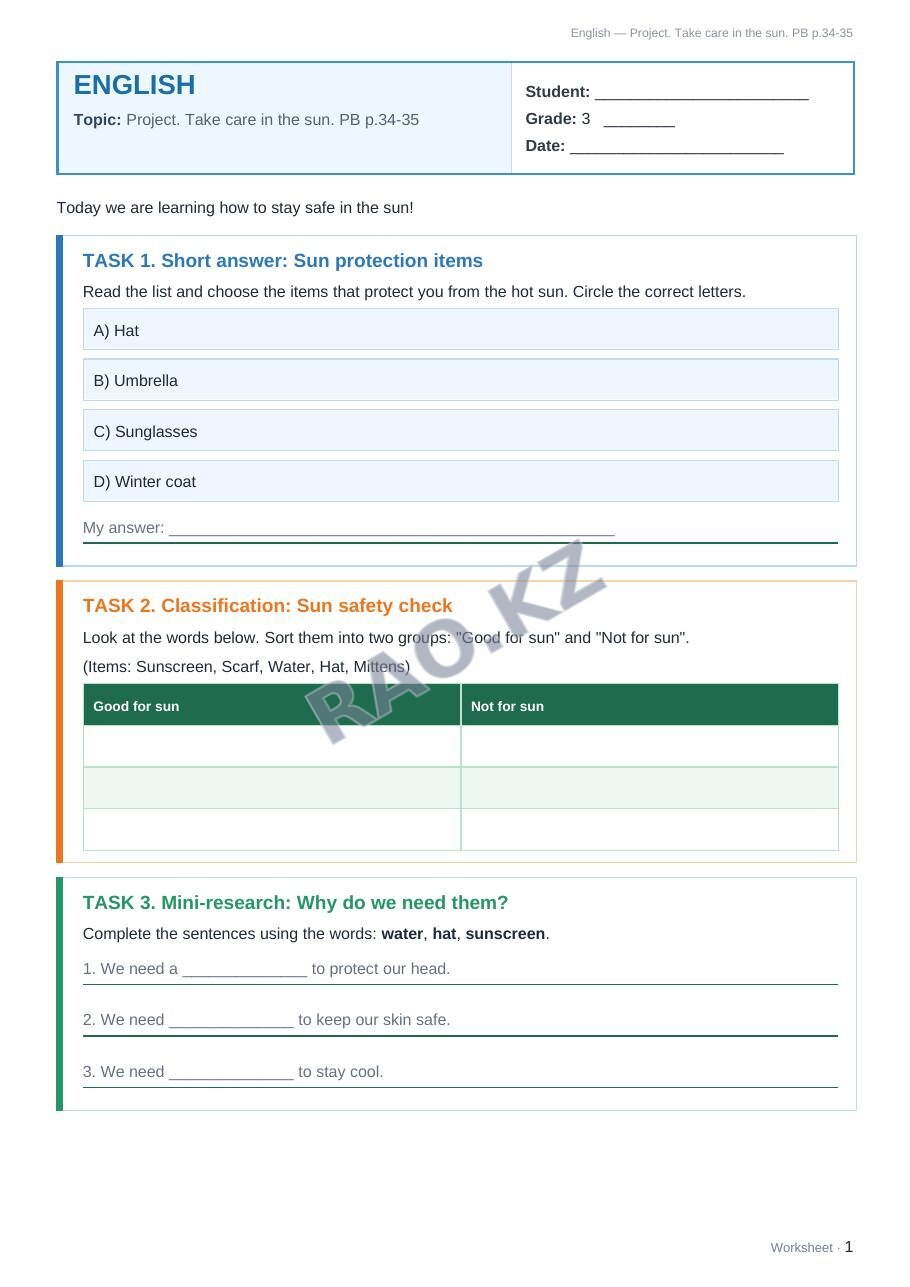Worksheet English Grade 3 Term 2: Project. Take care in the sun. PB p.34-35
