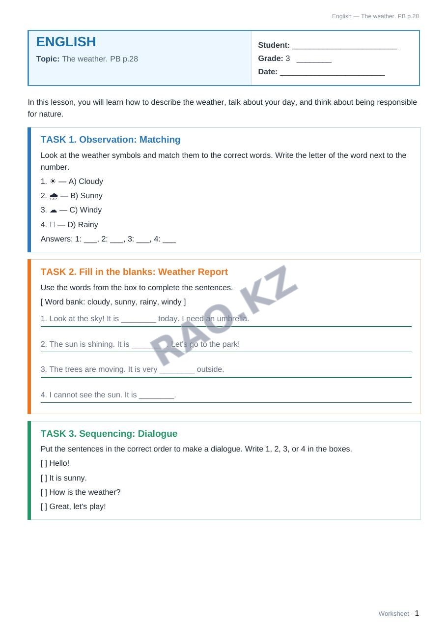 Worksheet English Grade 3 Term 2: The weather. PB p.28