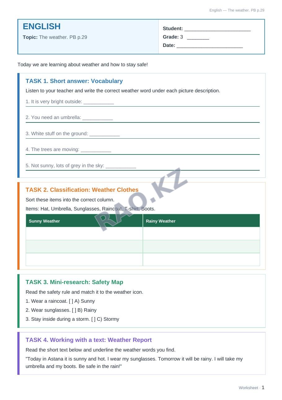 Worksheet English Grade 3 Term 2: The weather. PB p.29