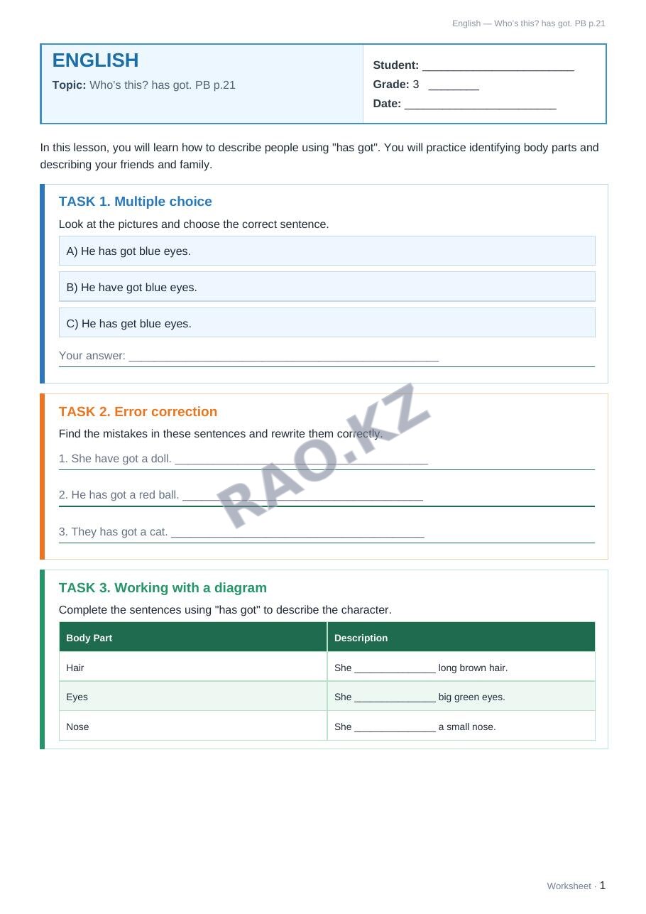 Worksheet English Grade 3 Term 2: Who’s this? has got. PB p.21