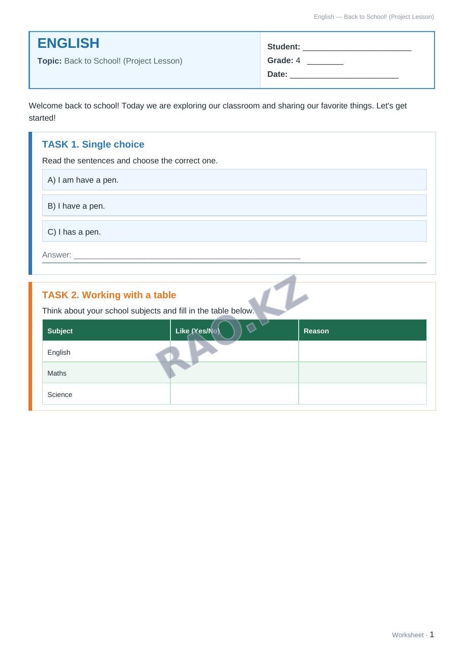 Worksheet English Grade 4 Term 1: Back to School! (Project Lesson)