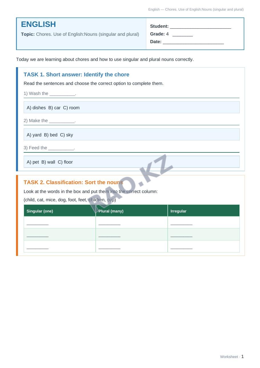 Worksheet English Grade 4 Term 1: Chores. Use of English:Nouns (singular and plural)