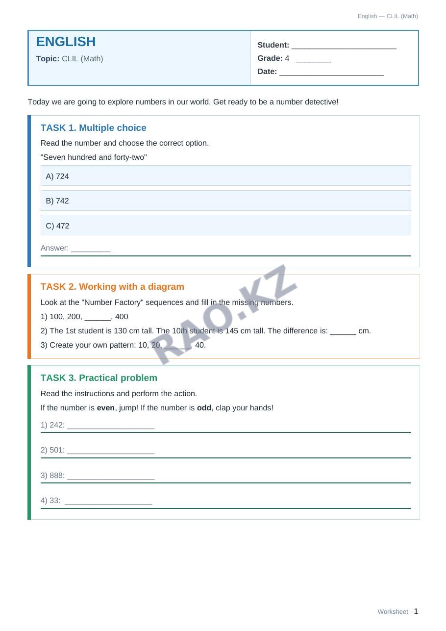 Worksheet English Grade 4 Term 1: CLIL (Math)