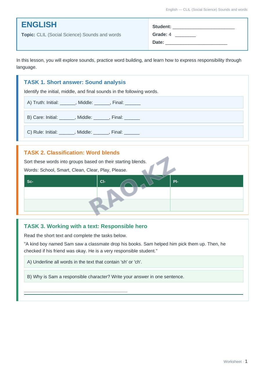 Worksheet English Grade 4 Term 1: CLIL (Social Science) Sounds and words (lesson 3)