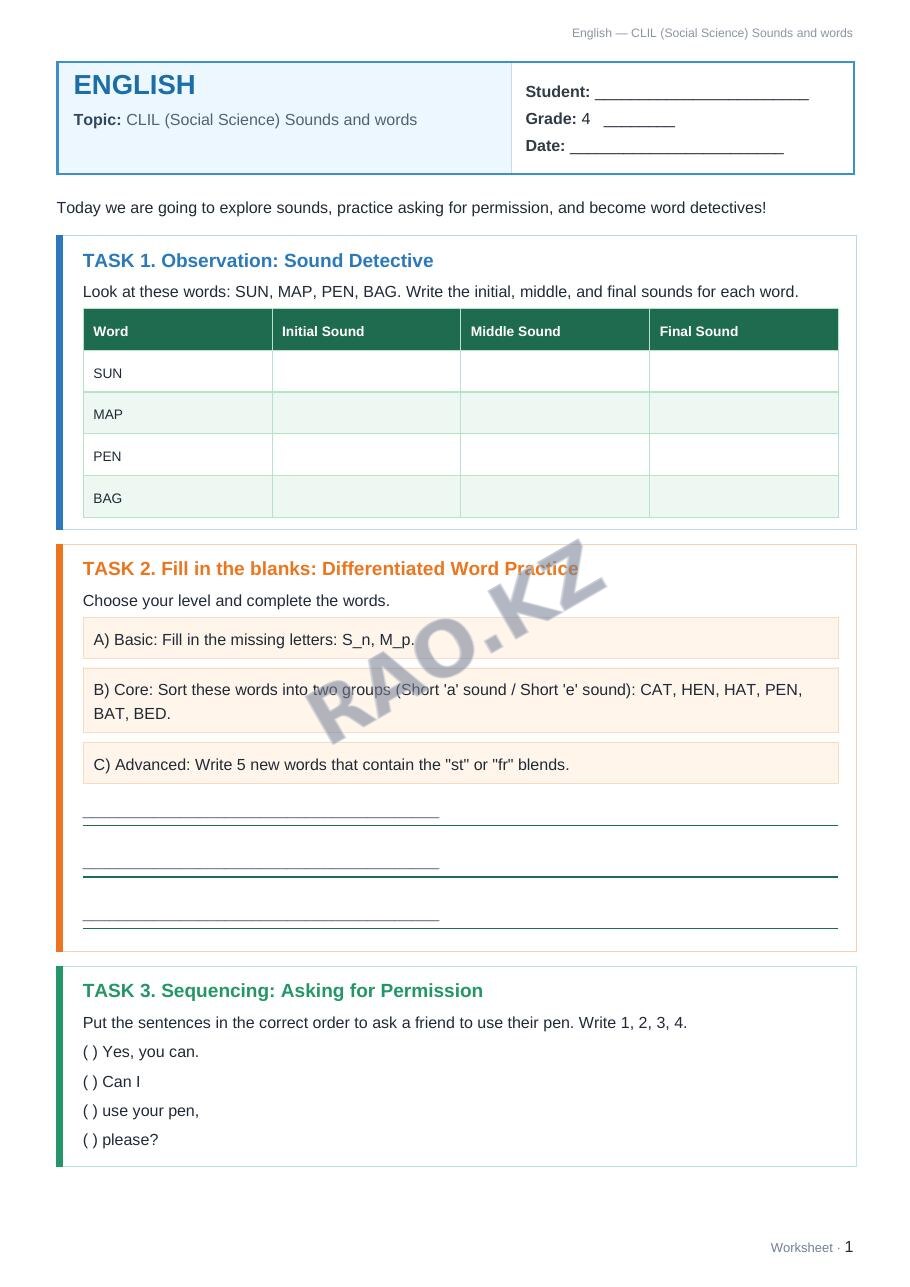 Worksheet English Grade 4 Term 1: CLIL (Social Science) Sounds and words