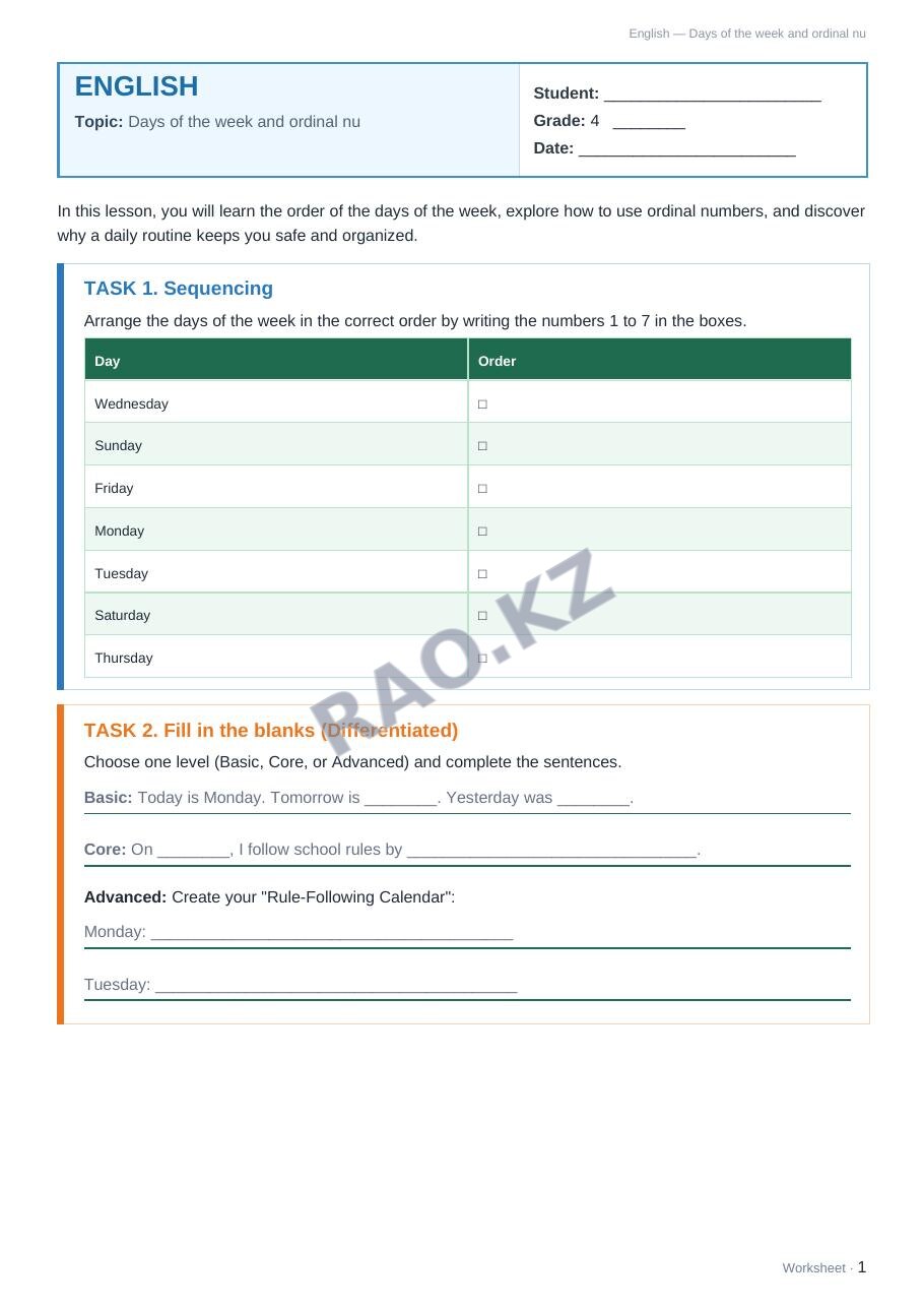 Worksheet English Grade 4 Term 1: Days of the week and ordinal nu