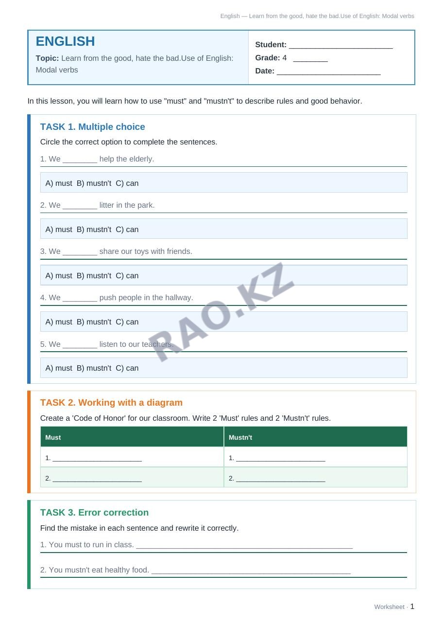 Worksheet English Grade 4 Term 1: Learn from the good, hate the bad.Use of English: Modal verbs