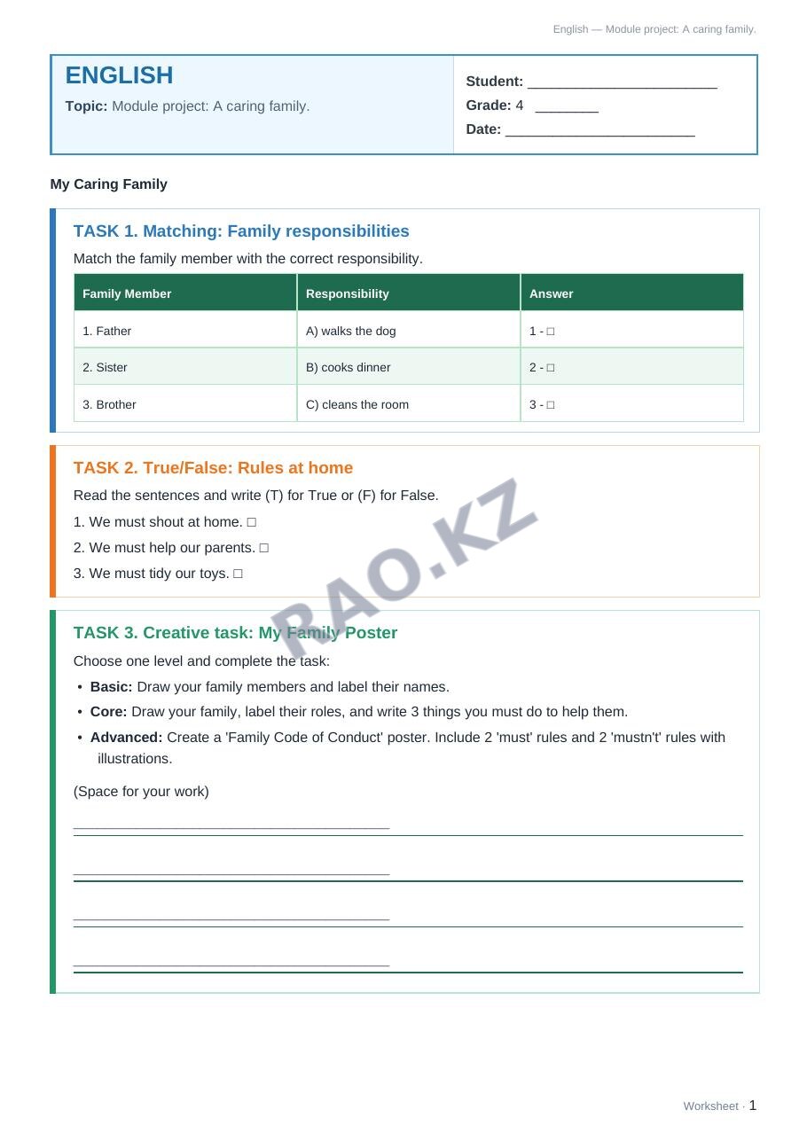 Worksheet English Grade 4 Term 1: Module project: A caring family.
