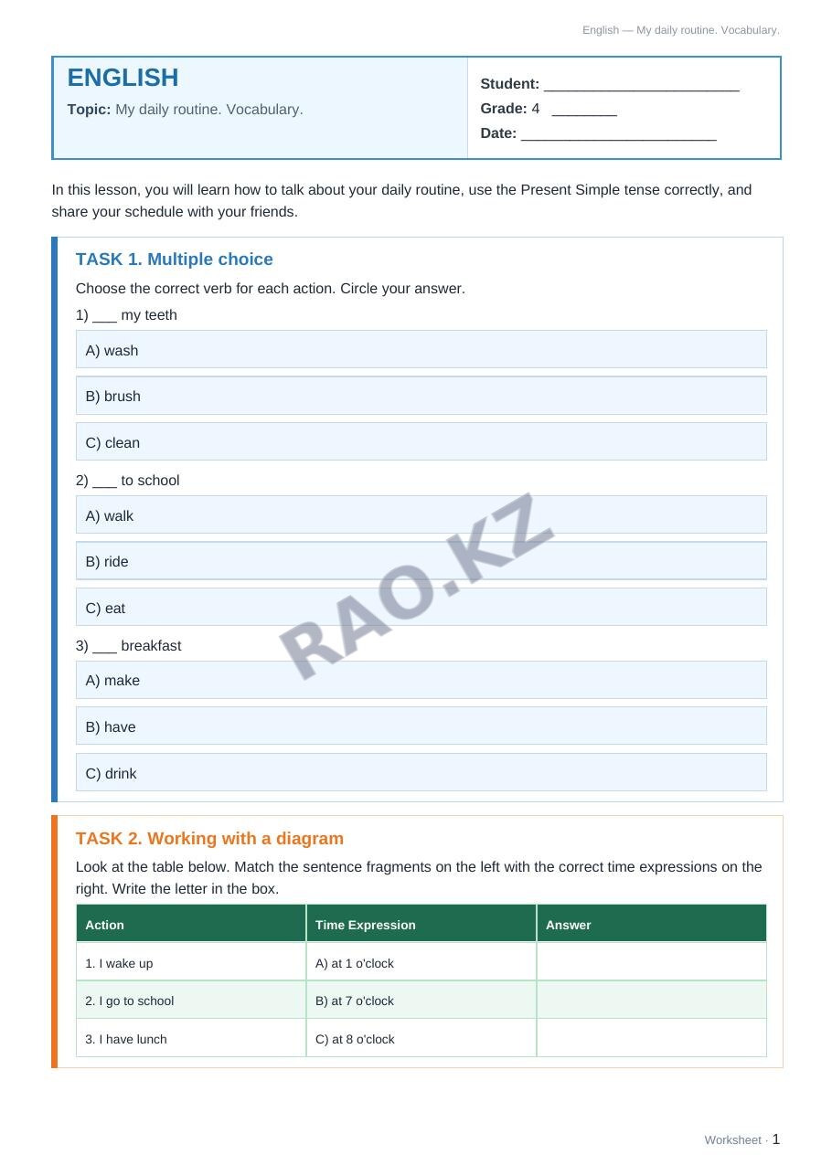Worksheet English Grade 4 Term 1: My daily routine. Vocabulary.