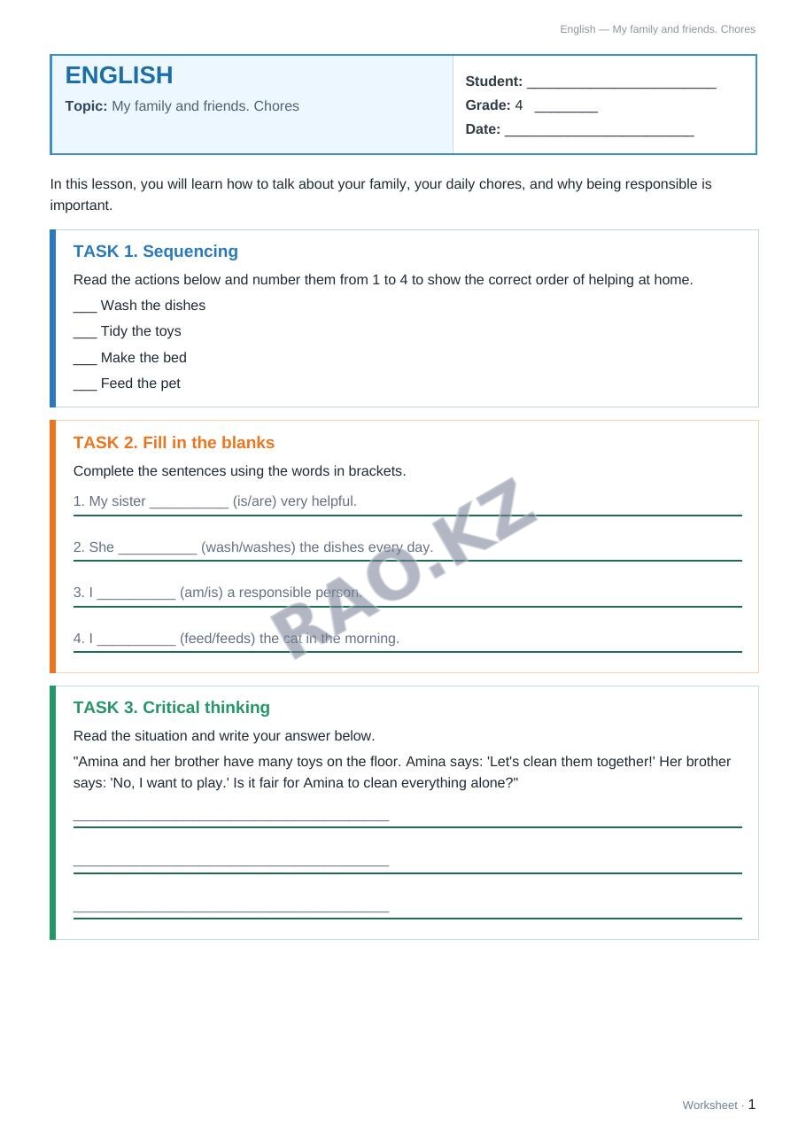 Worksheet English Grade 4 Term 1: My family and friends. Chores