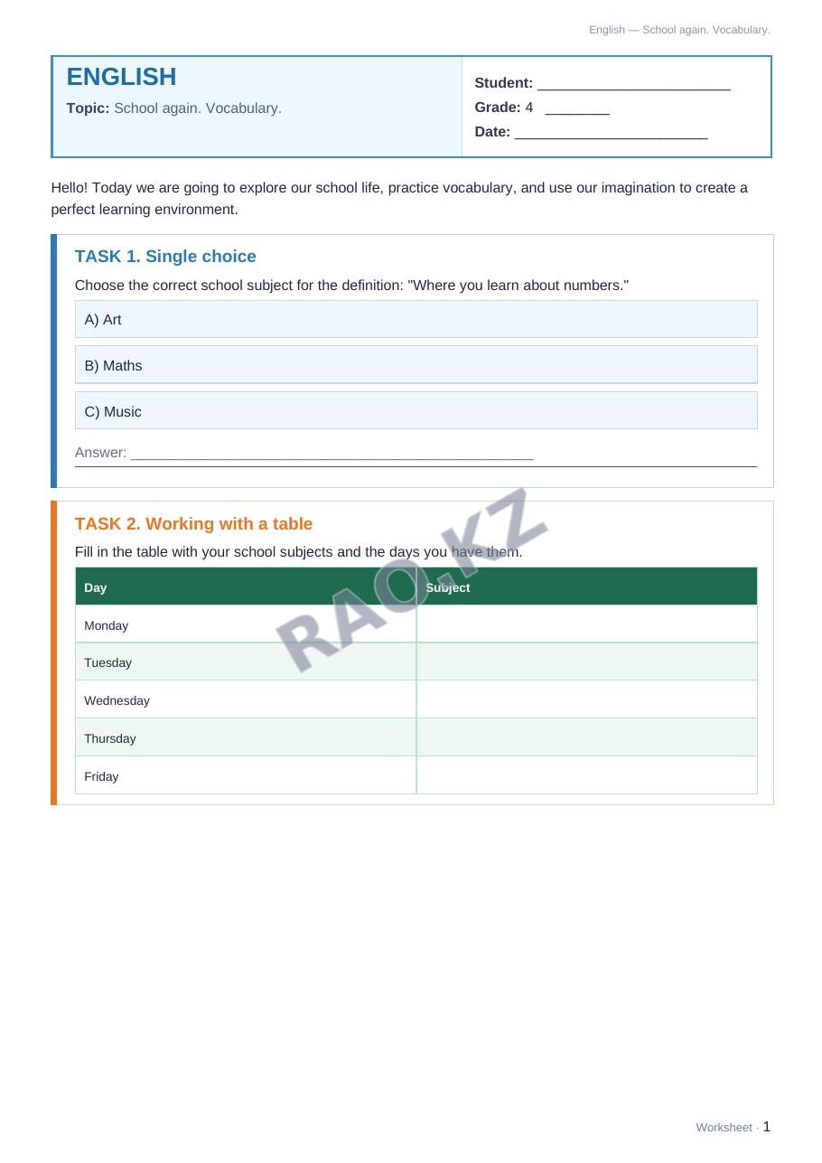 Worksheet English Grade 4 Term 1: School again. Vocabulary.