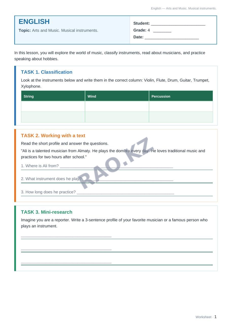 Worksheet English Grade 4 Term 2: Arts and Music. Musical instruments.