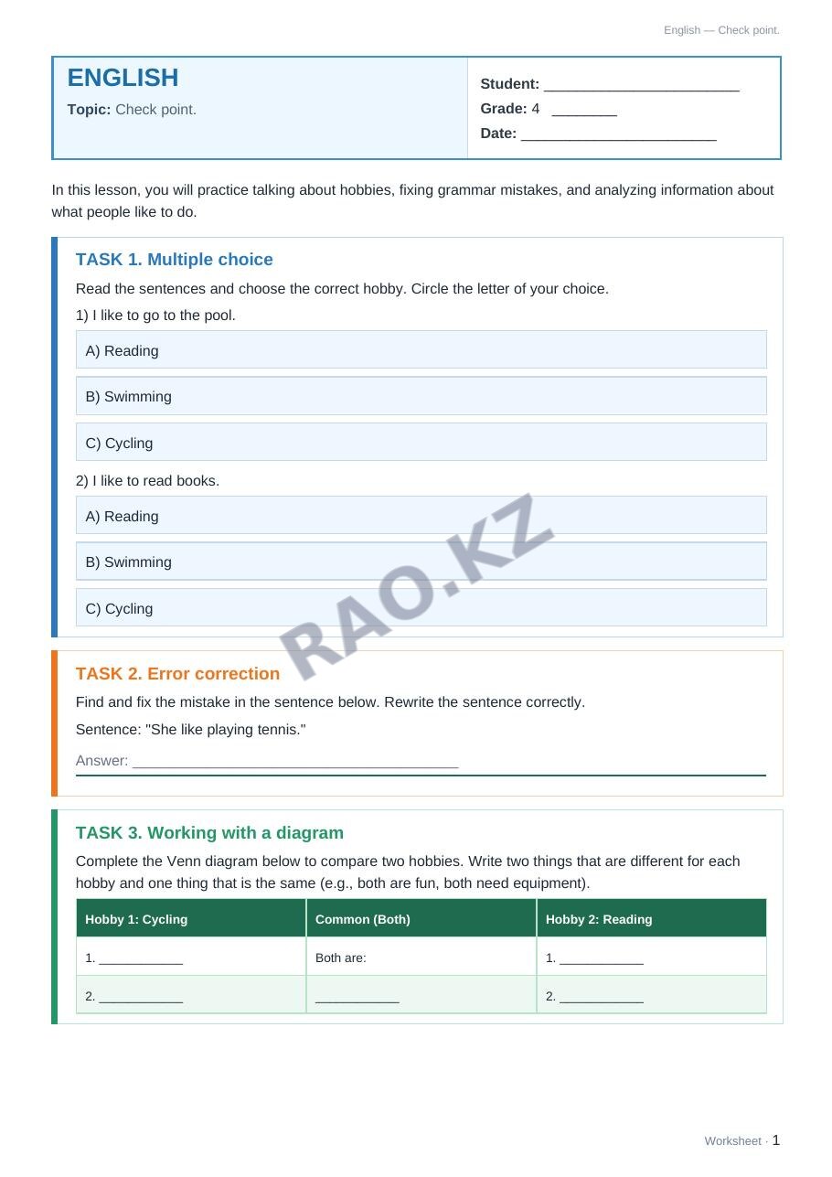 Worksheet English Grade 4 Term 2: Check point.