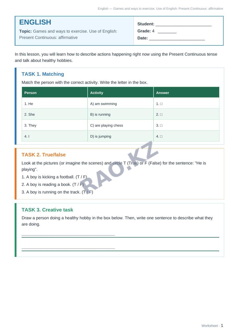 Worksheet English Grade 4 Term 2: Games and ways to exercise. Use of English: Present Continuous: affirmative