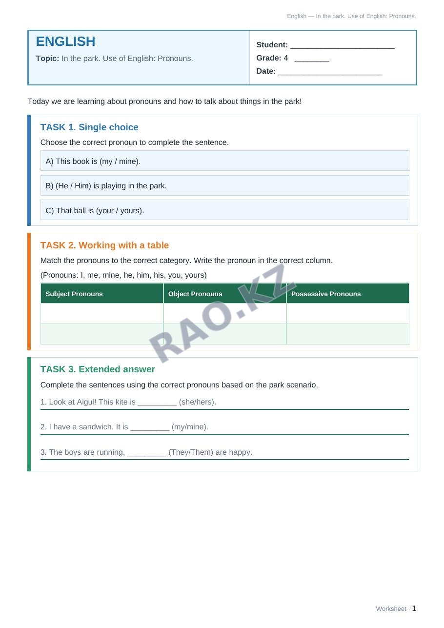 Worksheet English Grade 4 Term 2: In the park. Use of English: Pronouns.