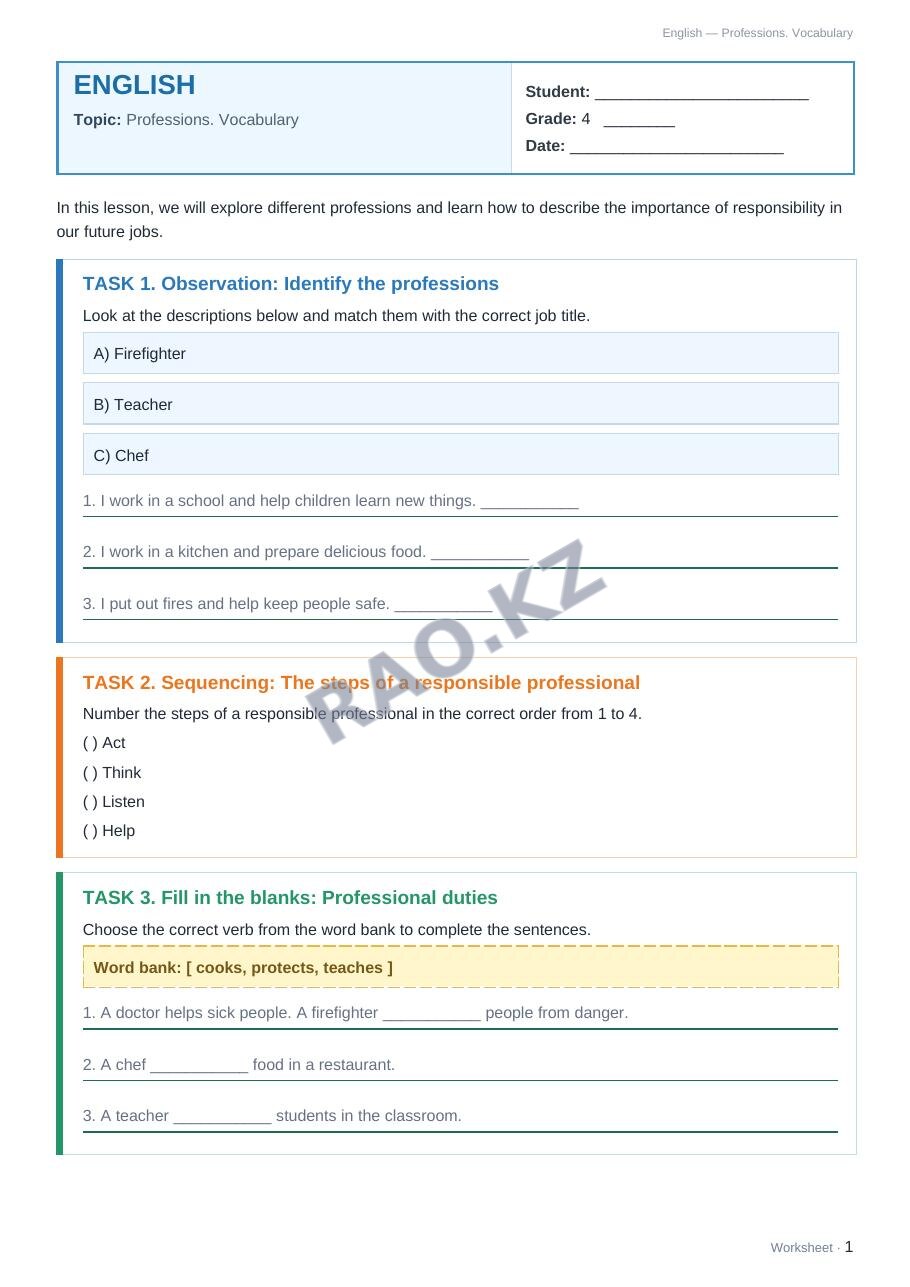 Worksheet English Grade 4 Term 2: Professions. Vocabulary