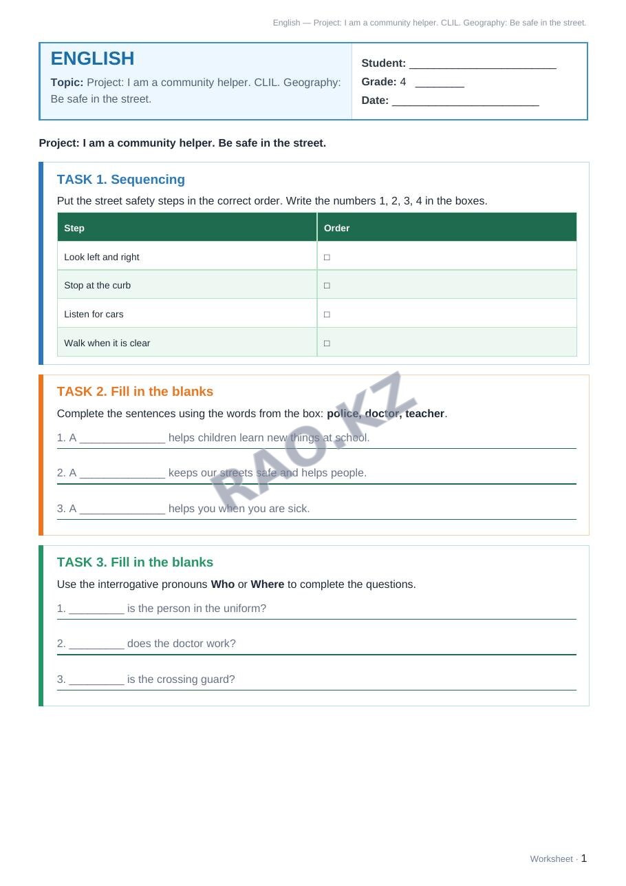 Worksheet English Grade 4 Term 2: Project: I am a community helper. CLIL. Geography: Be safe in the street. (lesson 3)