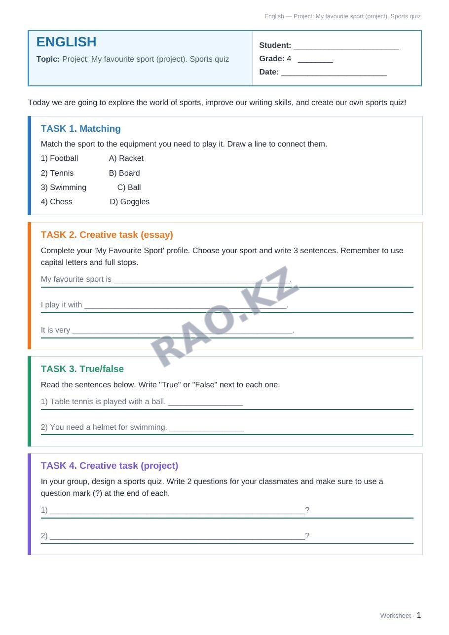 Worksheet English Grade 4 Term 2: Project: My favourite sport (project). Sports quiz
